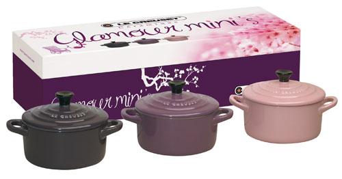 Le Creuset - 91016300186000 - Les Céramiques - Set 3 Mini Cocottes - Glamour Mini's - Ronde - Rose/Mauve/Violet - 10 cm